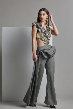 Printed Sleeveless Top with Draped Checkered Pants