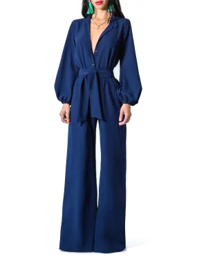 "Linda" Navy Bell Sleeve Wide Leg Jumpsuit