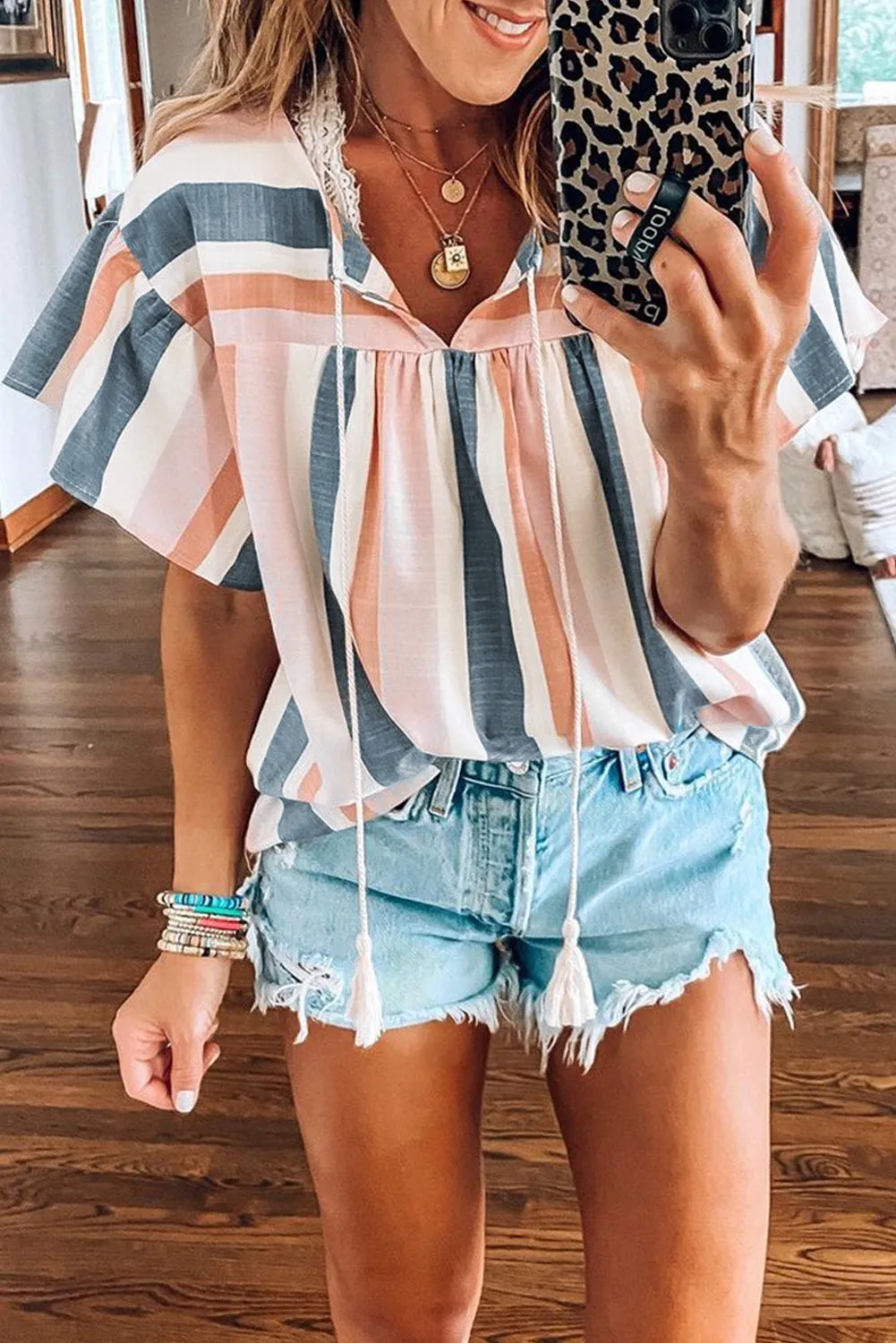 Split Neck Ruffle Multi Coloured Striped Top