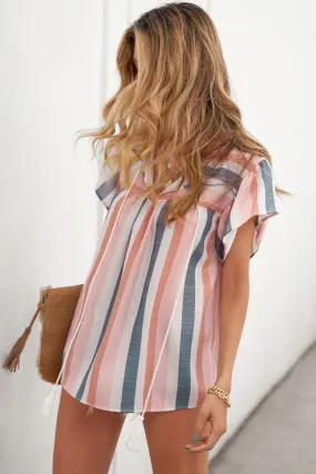Split Neck Ruffle Multi Coloured Striped Top