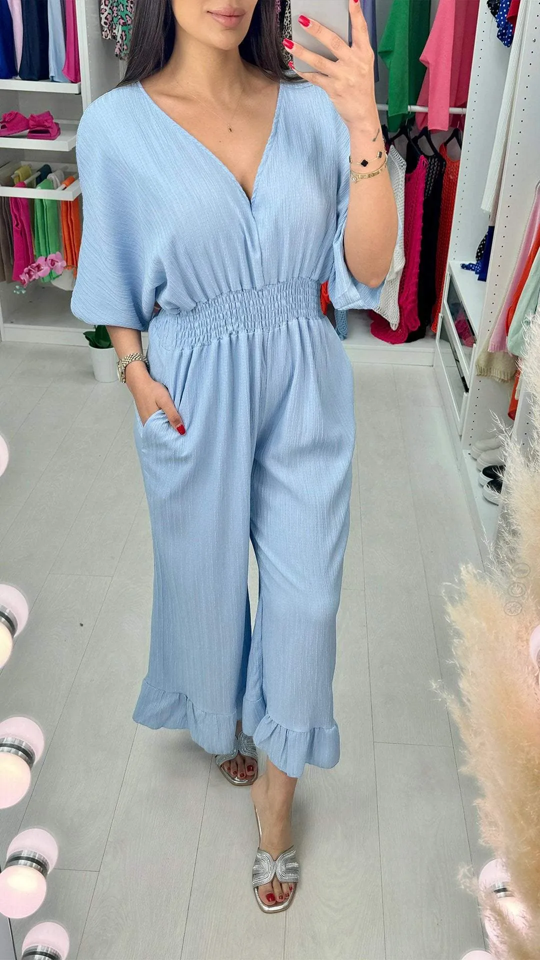 V-neck Mid-sleeve Casual Jumpsuit