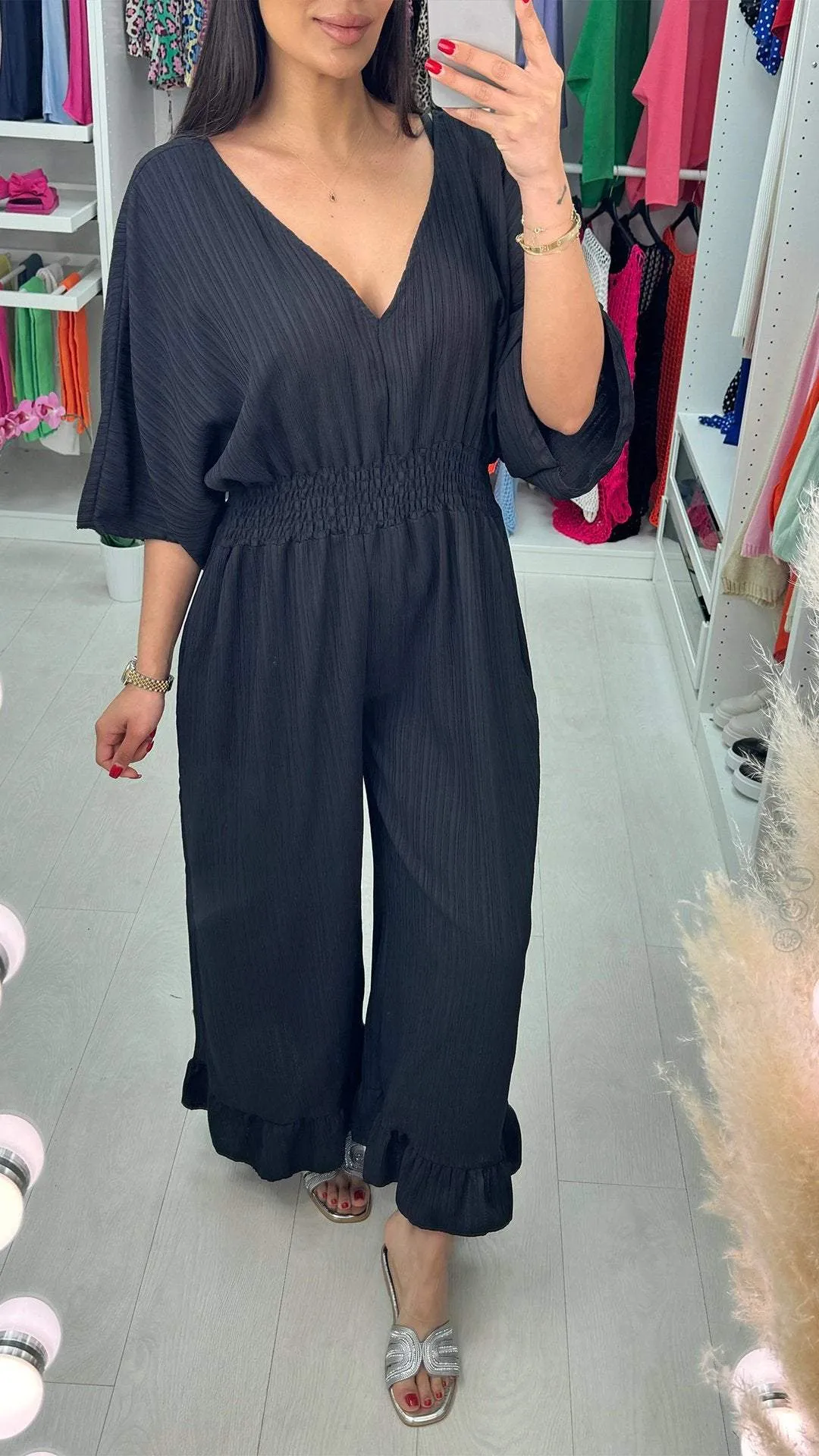 V-neck Mid-sleeve Casual Jumpsuit