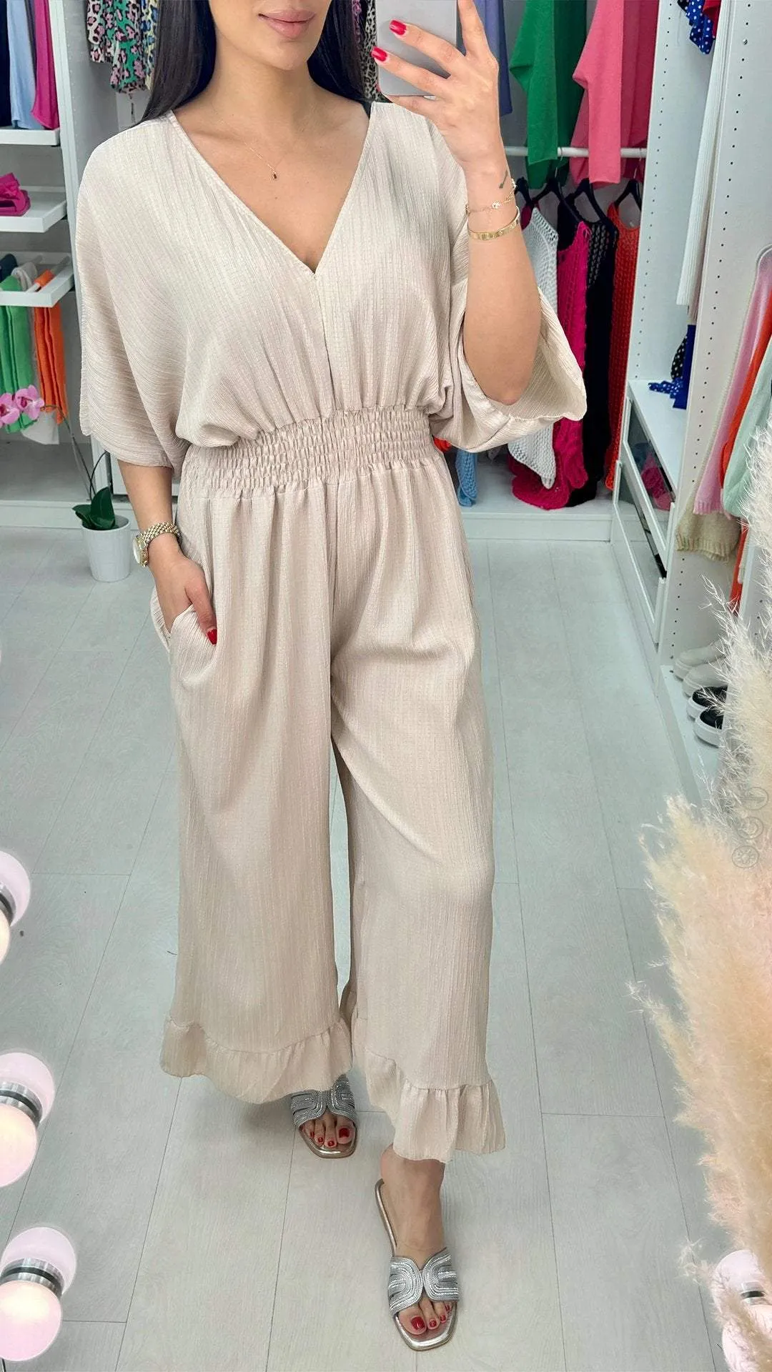 V-neck Mid-sleeve Casual Jumpsuit