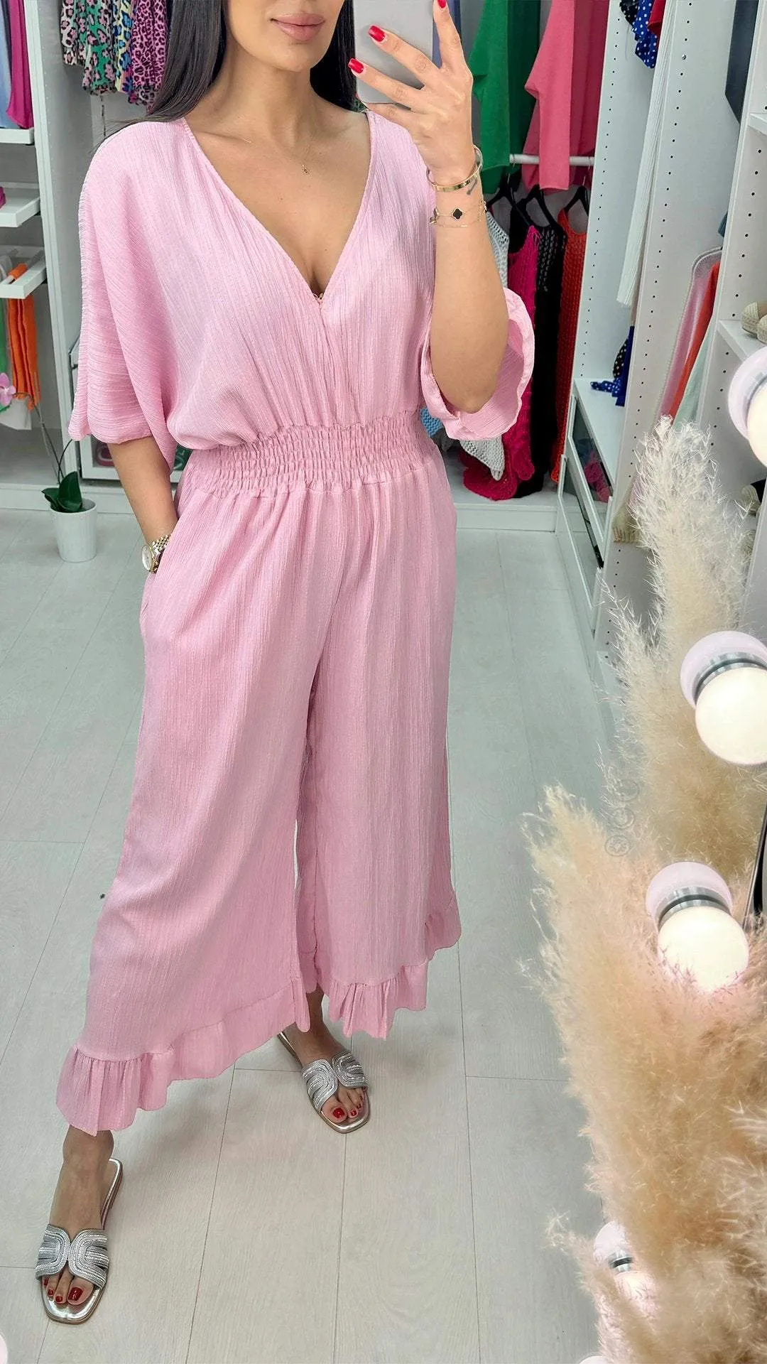 V-neck Mid-sleeve Casual Jumpsuit