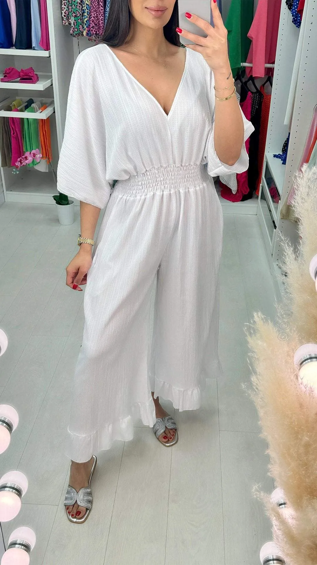 V-neck Mid-sleeve Casual Jumpsuit
