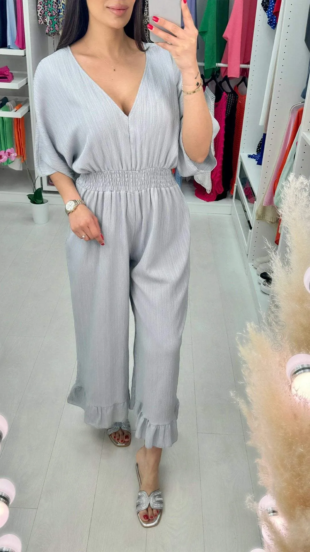 V-neck Mid-sleeve Casual Jumpsuit
